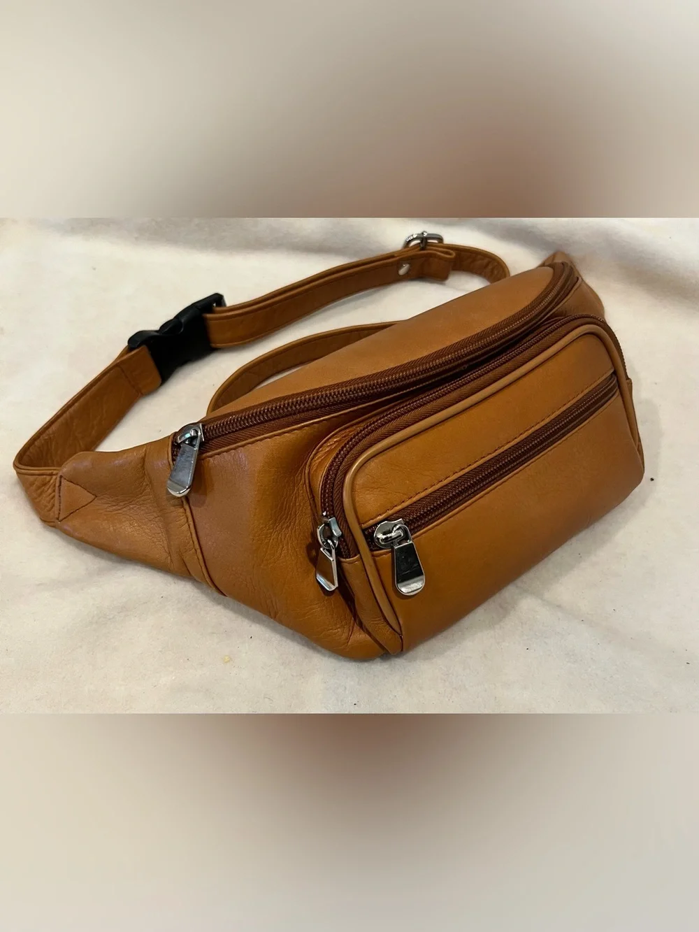 Jorceo Tan Genuine Leather Belt Bag with Multiple Zip Pockets